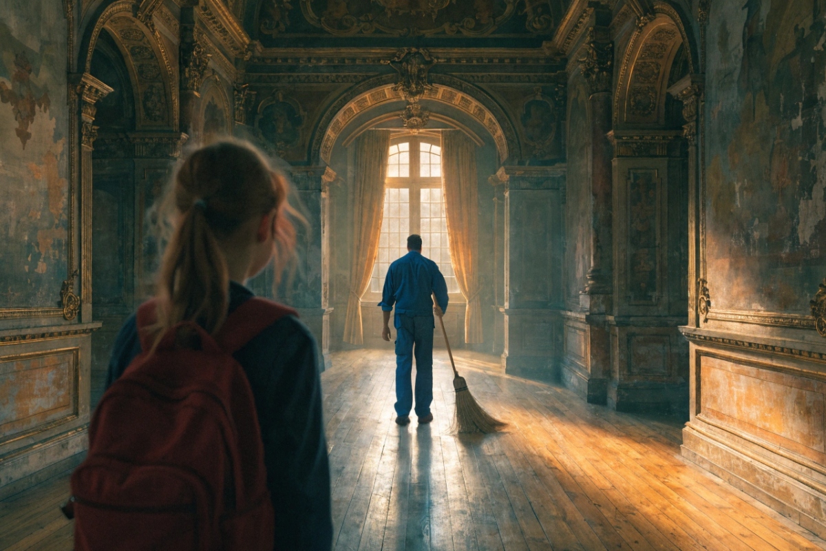 Une fillette et un adulte dans un château