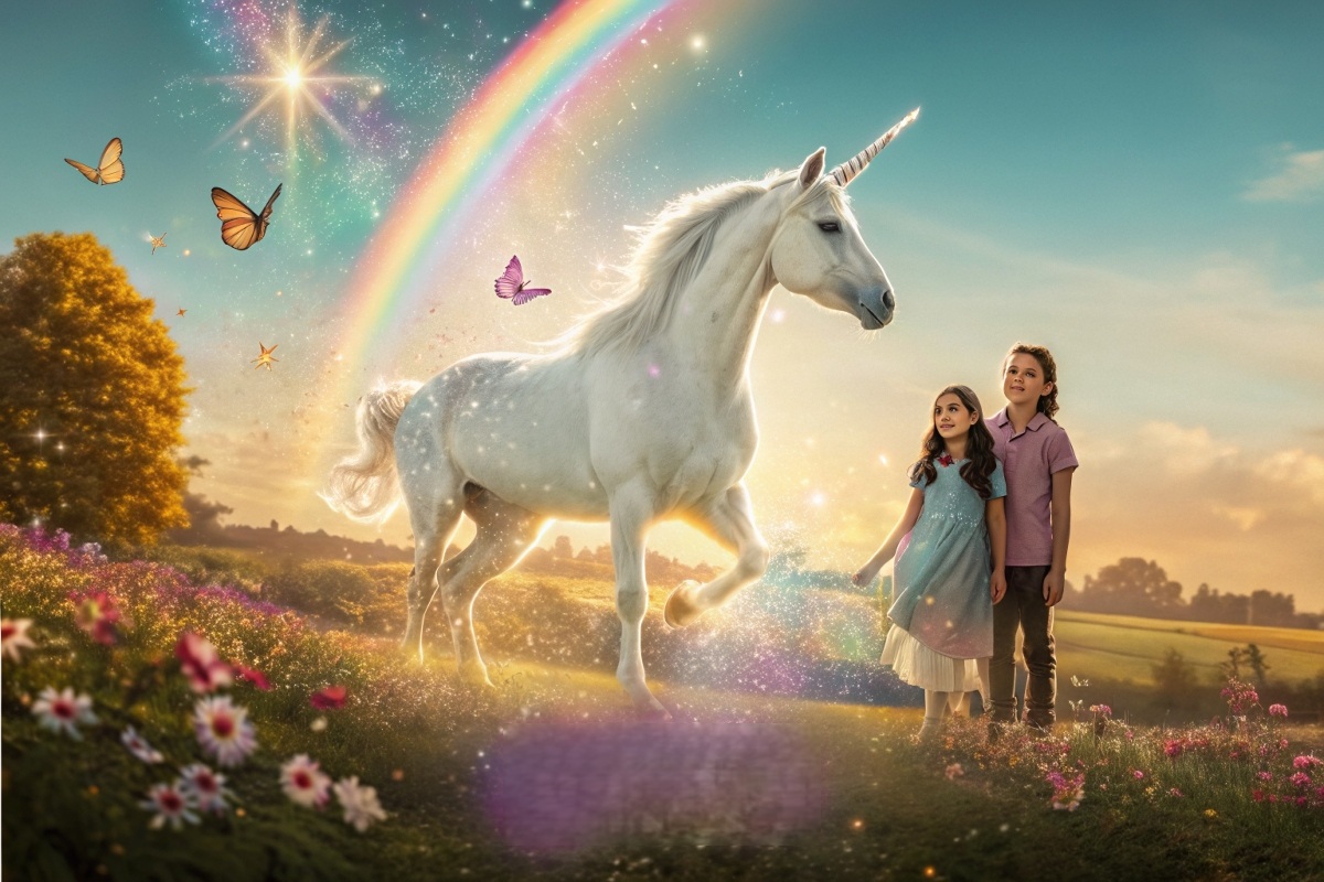Deux enfants et une licorne blanche