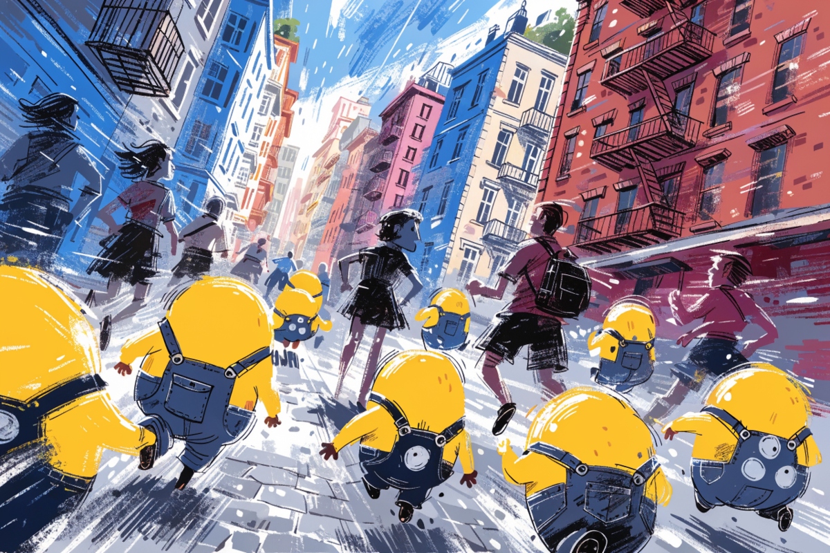 Des minions courant derrière des personnes en fuite  