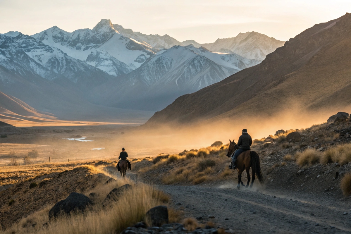 Des cavaliers gauchos chevauchant vers des montagnes argentines