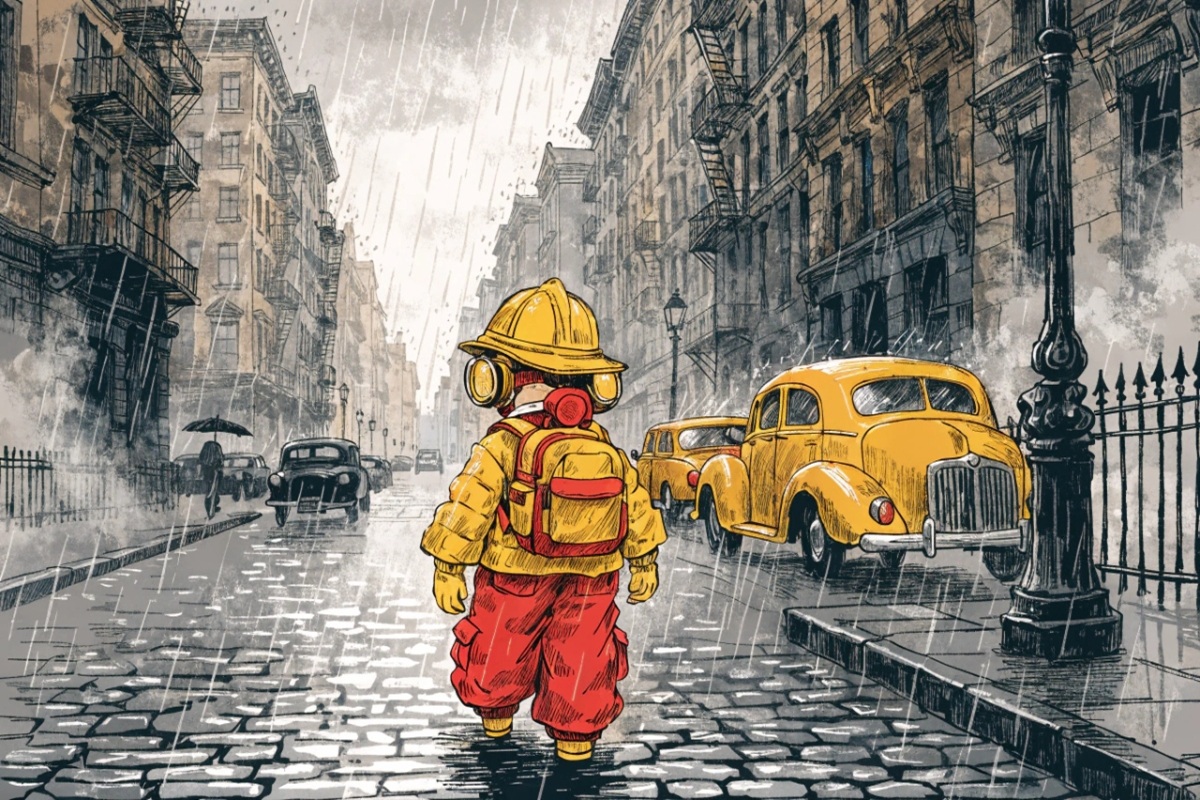 Personnage en tenue de pompier jaune et rouge