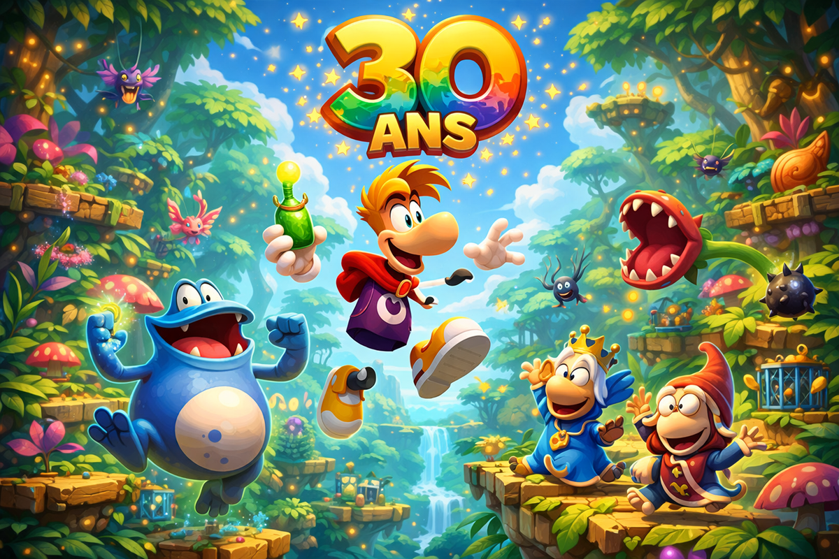 Un personnage similaire à Rayman dans la jungle
