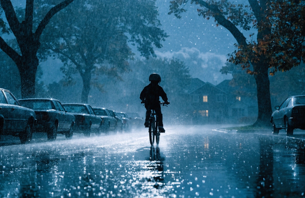 Un enfant à vélo sous la pluie