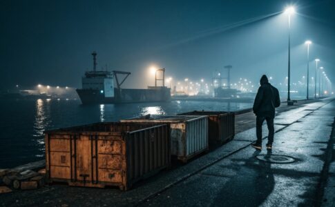 Port industriel britannique de nuit dans une ambiance de thriller criminel