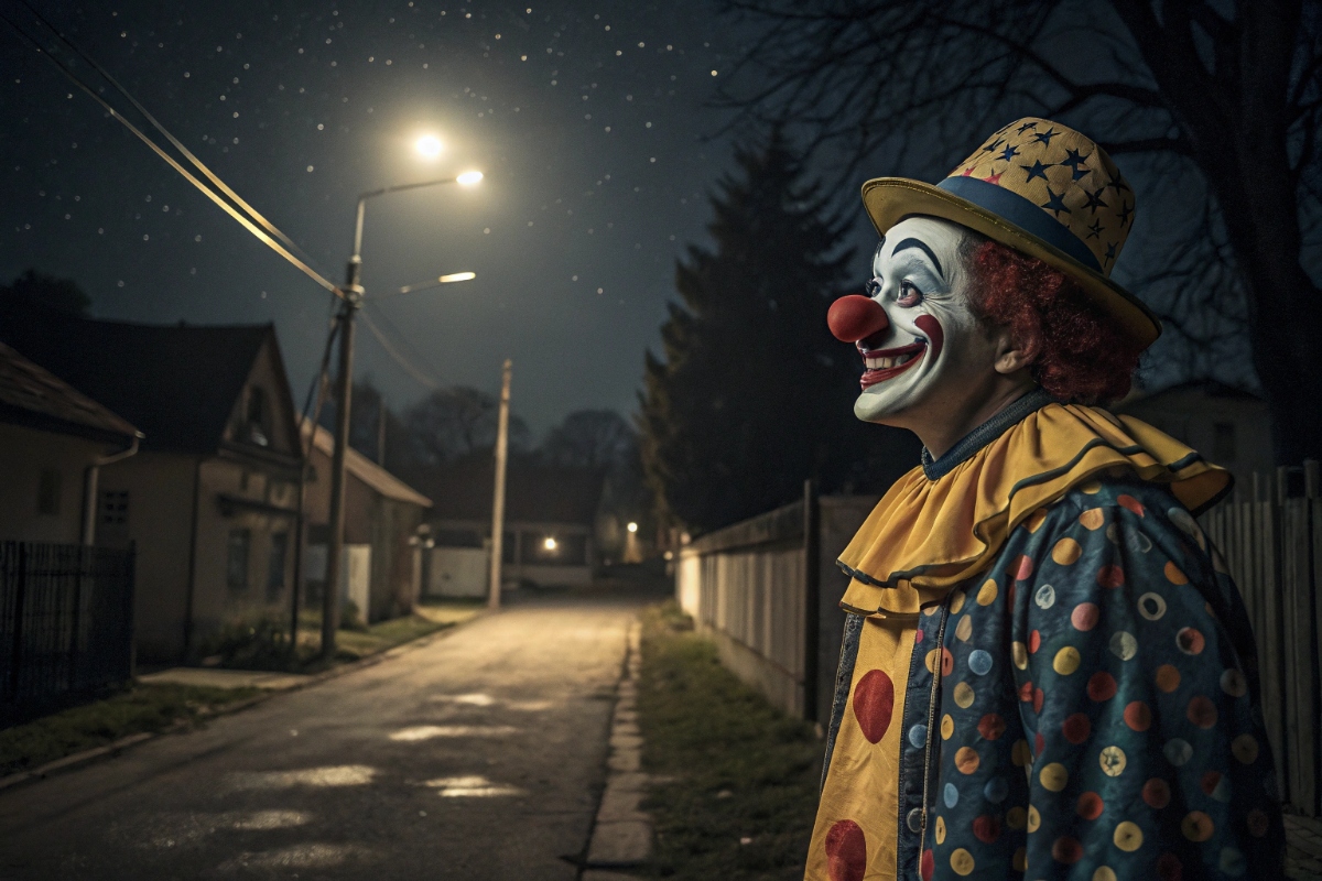 Un clown souriant dans la nuit comme dans La Nuit des Clowns