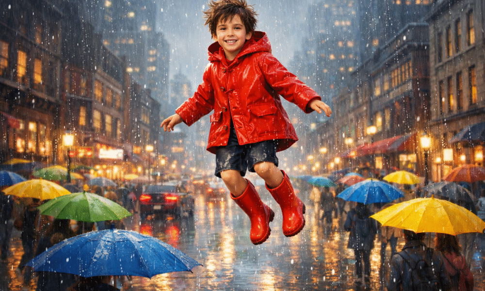 Un enfant portant un imperméable rouge vif similaire à celui du film L’Imperméable Magique