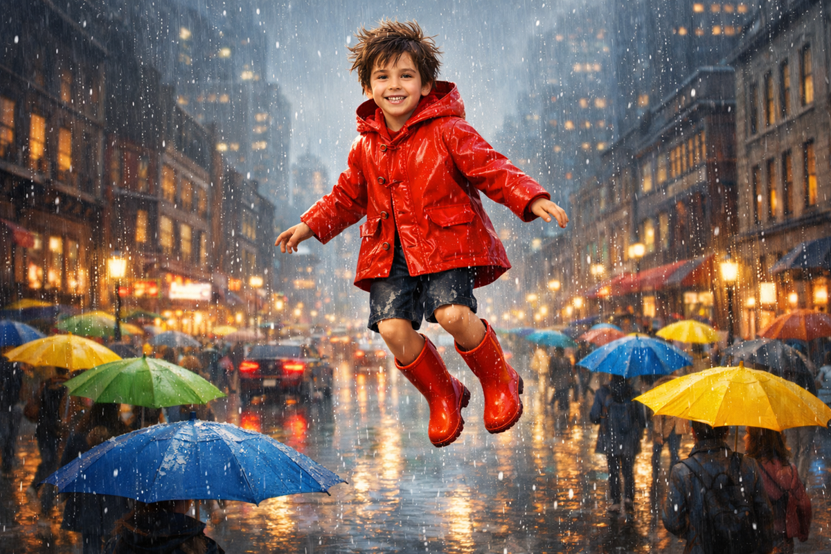 Un enfant portant un imperméable rouge vif similaire à celui du film L’Imperméable Magique