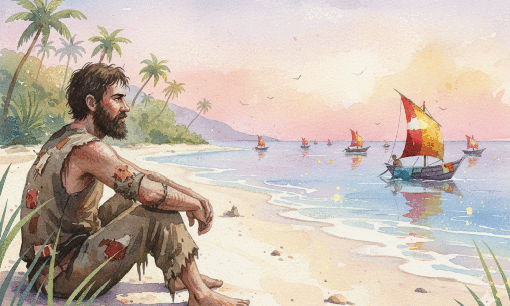 Un homme barbu similaire à Robinson Crusoé dans L’île