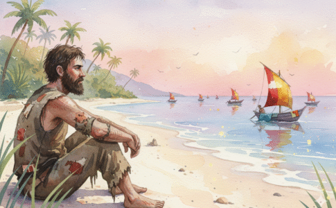 Un homme barbu similaire à Robinson Crusoé dans L’île