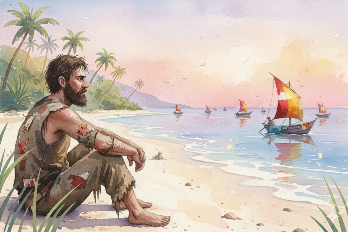 Un homme barbu similaire à Robinson Crusoé dans L’île