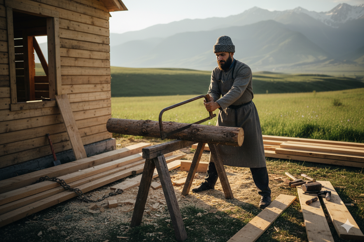 Un homme ressemblant Déni Oumar Pitsaev qui travaille le bois
