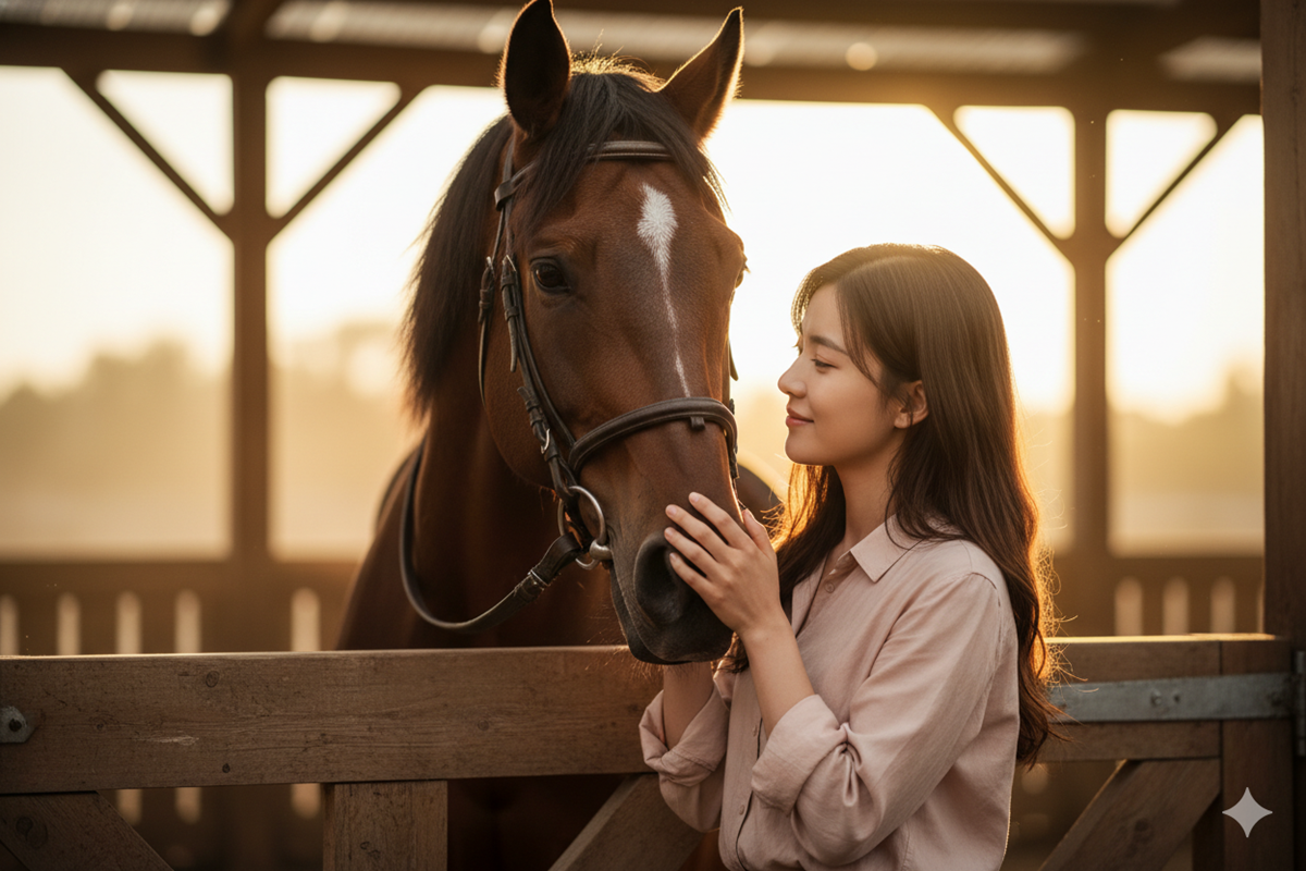 Une jeune femme caressant le museau d’un cheval 