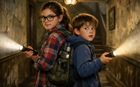 Une jeune fille et son frère habillés en détectives amateurs