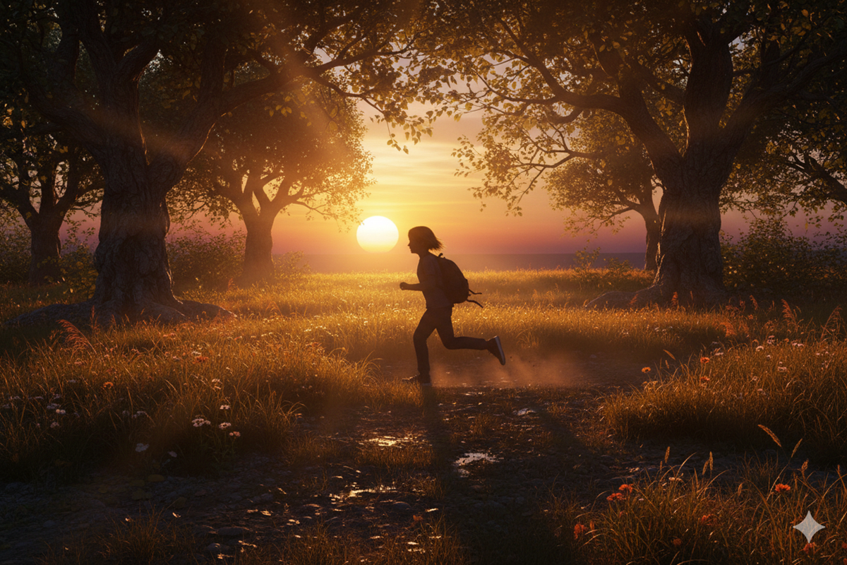 Une silhouette d’enfant courant à travers une clairière