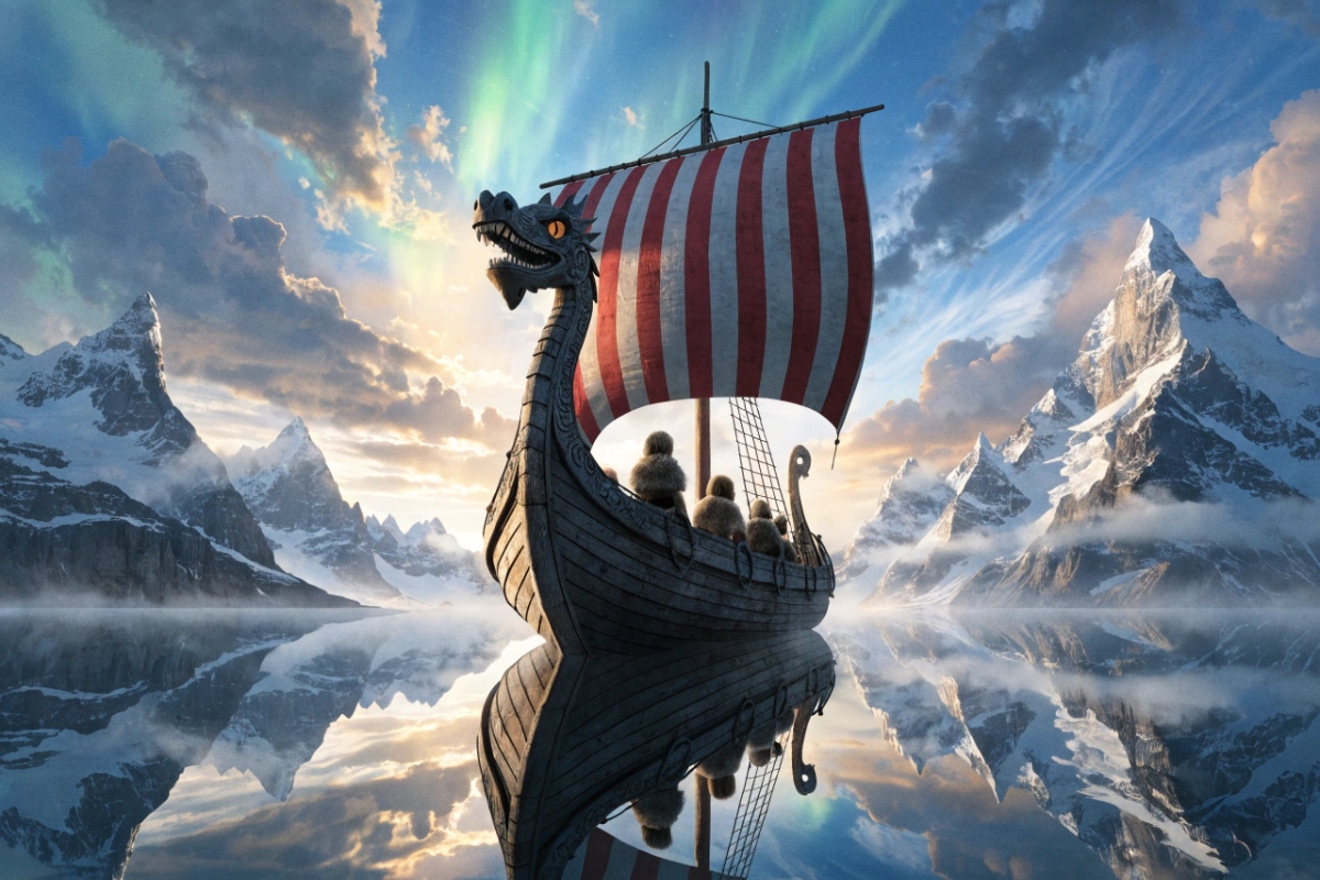 De jeunes Vikings sur un drakkar