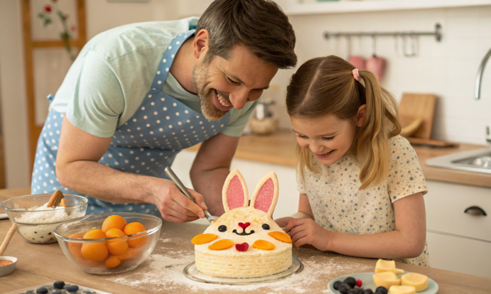 Un père et sa fille qui préparent un gâteau aux pêches et abricots Bugs Bunny