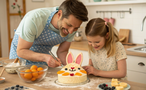 Un père et sa fille qui préparent un gâteau aux pêches et abricots Bugs Bunny