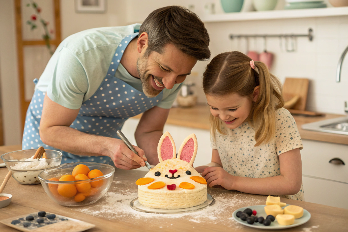 Un père et sa fille qui préparent un gâteau aux pêches et abricots Bugs Bunny