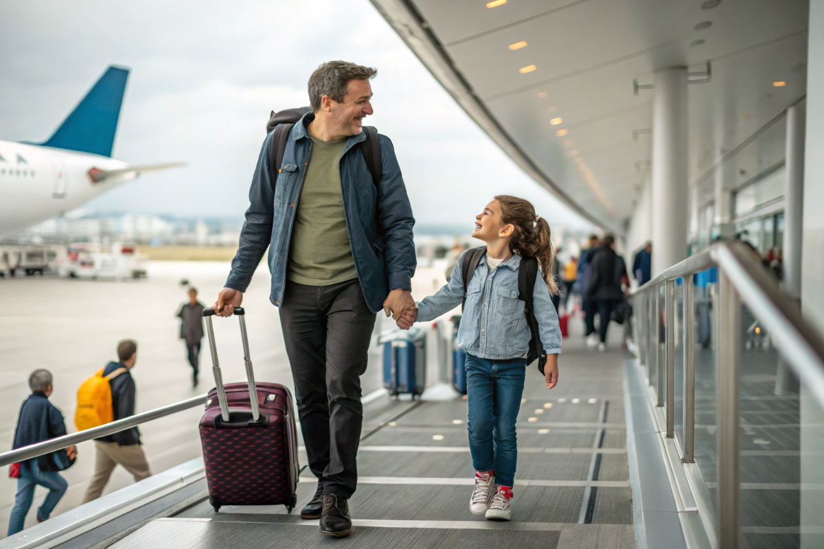 Un père et sa fille qui s’apprêtent à faire un voyage en avion