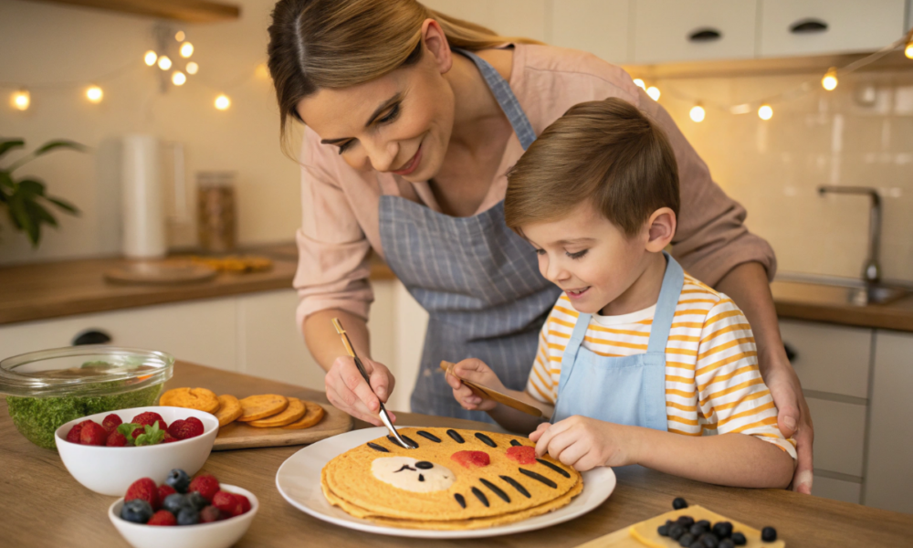 Une maman et son fils qui préparent la crêpe petit tigre