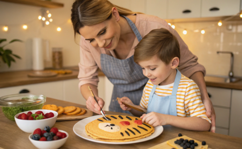 Une maman et son fils qui préparent la crêpe petit tigre