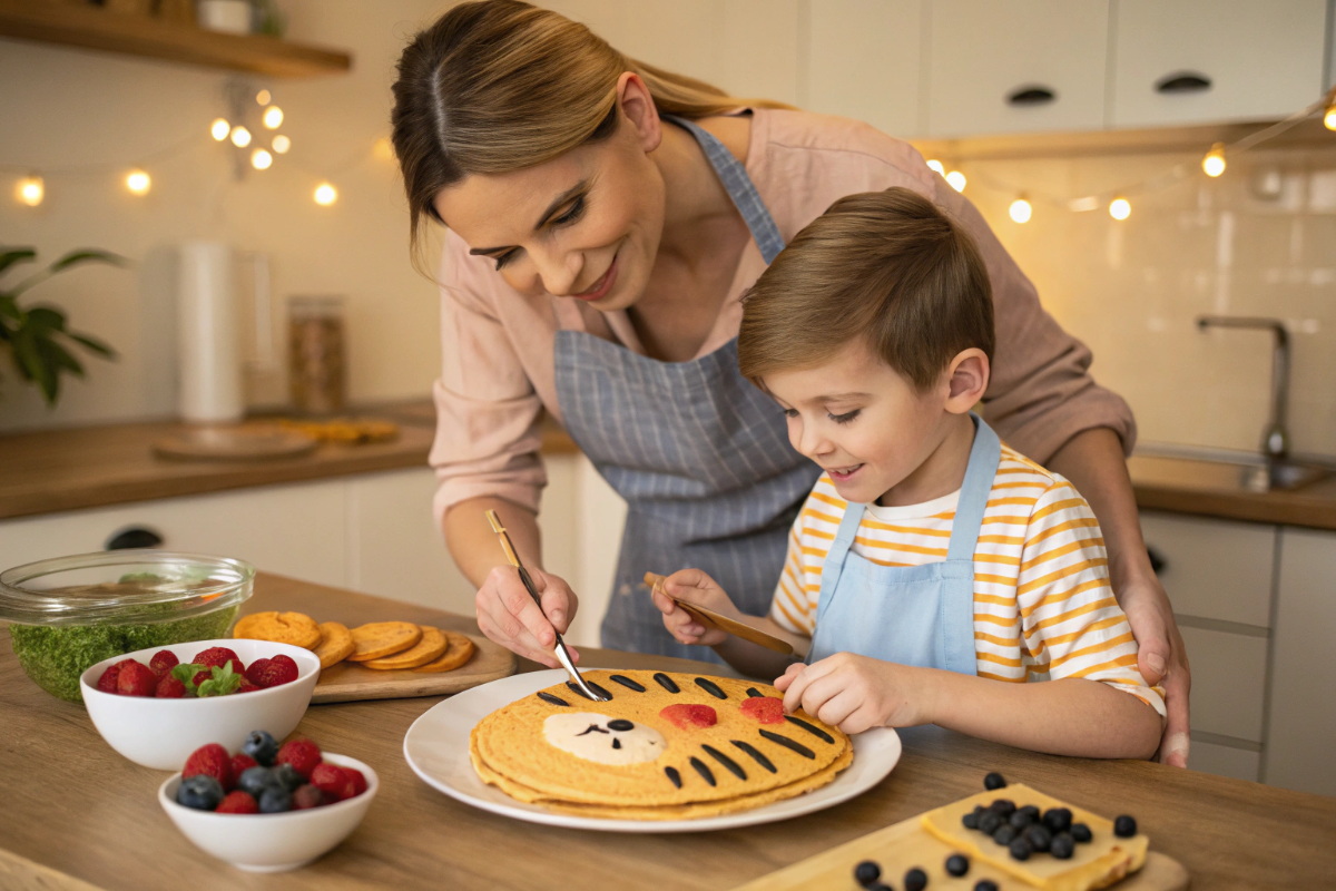 Une maman et son fils qui préparent la crêpe petit tigre