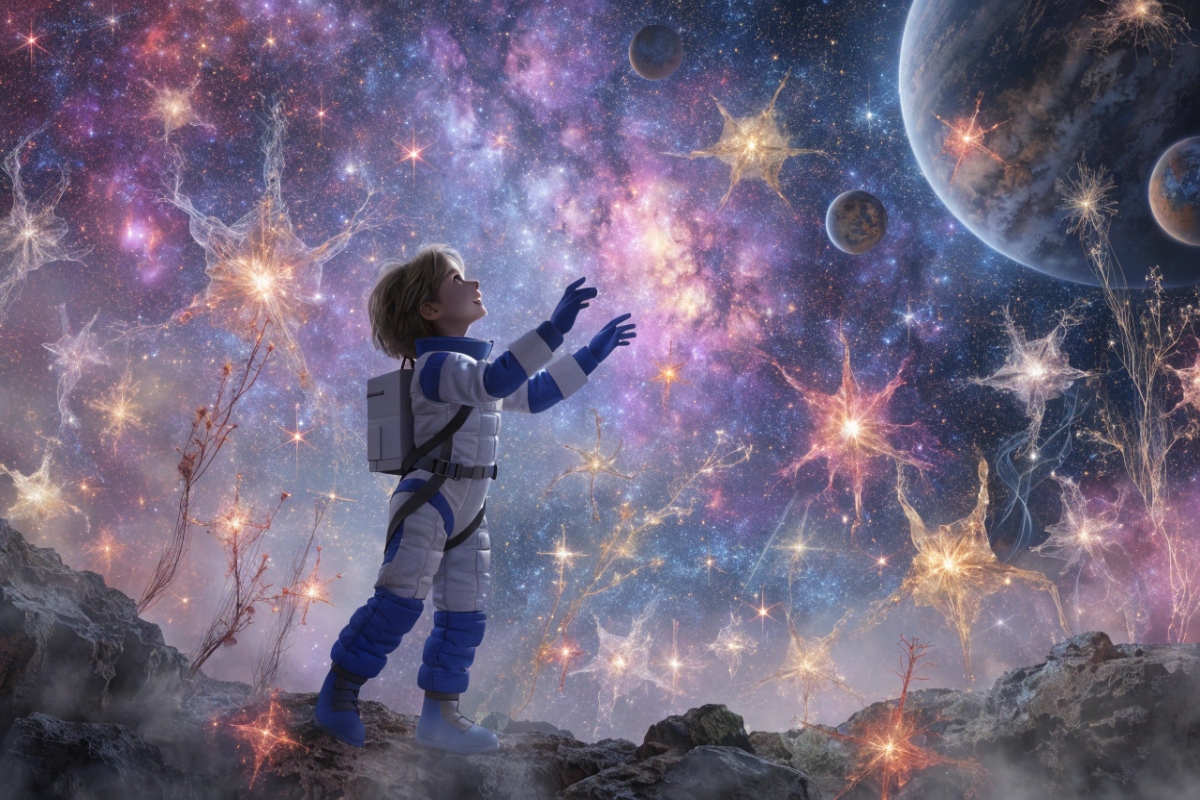 Un enfant découvrant le jardin cosmique d'étoiles
