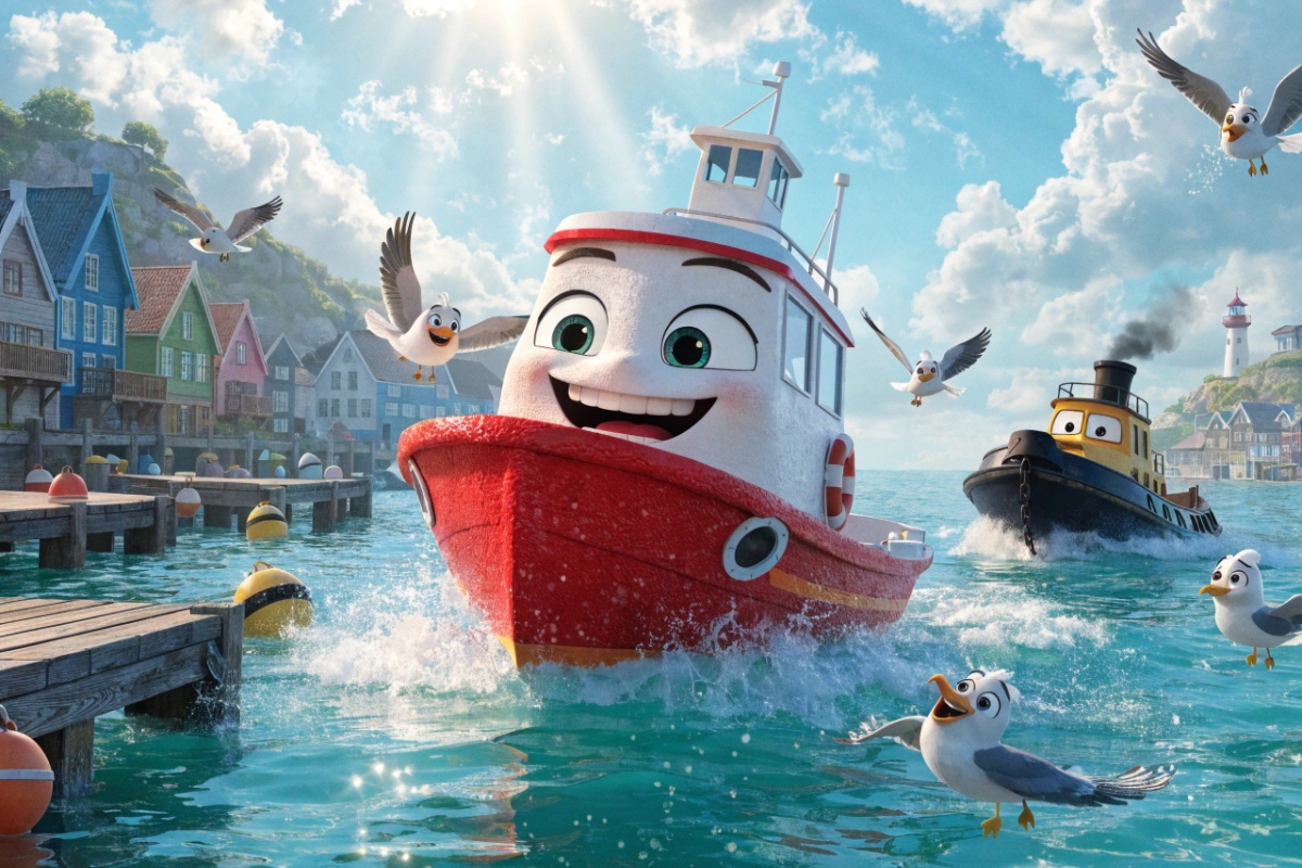 Elias le canot rouge avec ses amis dans le port