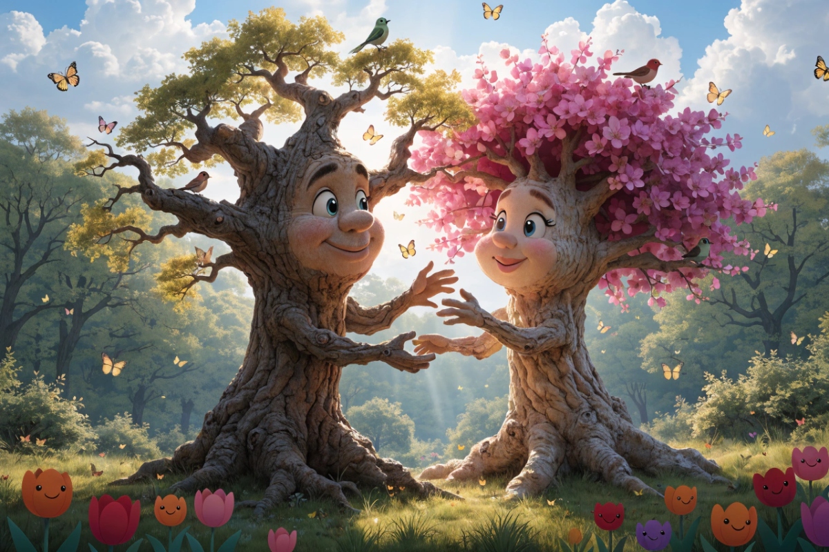 Jeunes arbres amoureux dans forêt printanière colorée