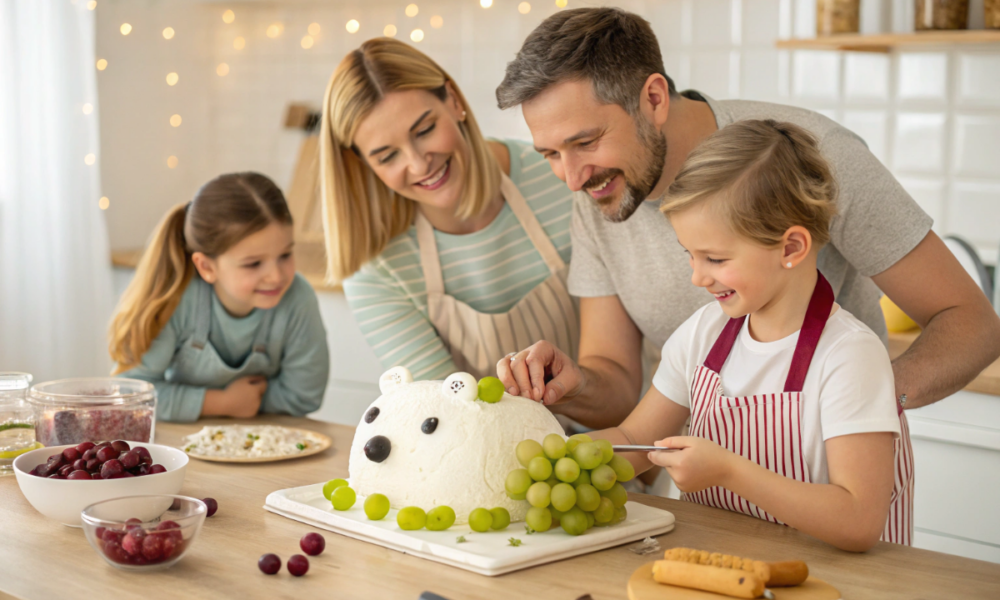 des parents et leurs enfants qui préparent une bûche ours polaire au raisin