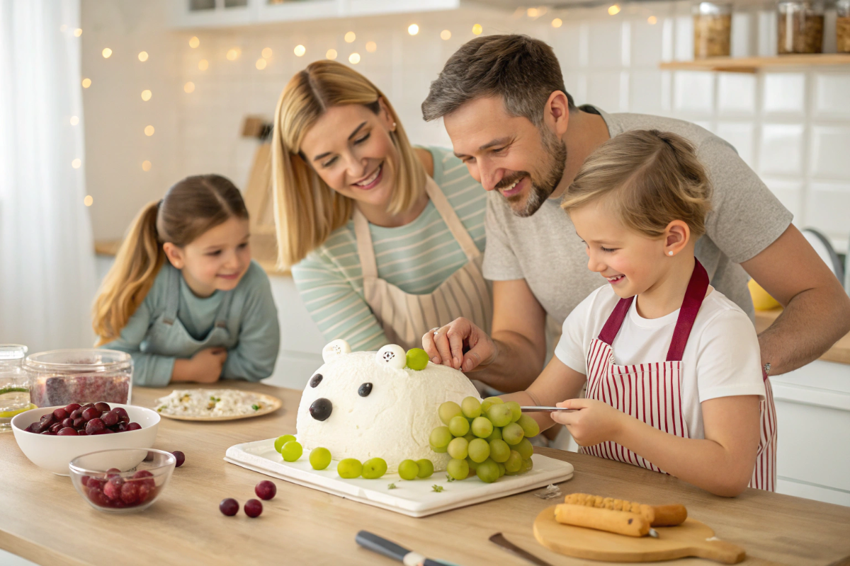 des parents et leurs enfants qui préparent une bûche ours polaire au raisin