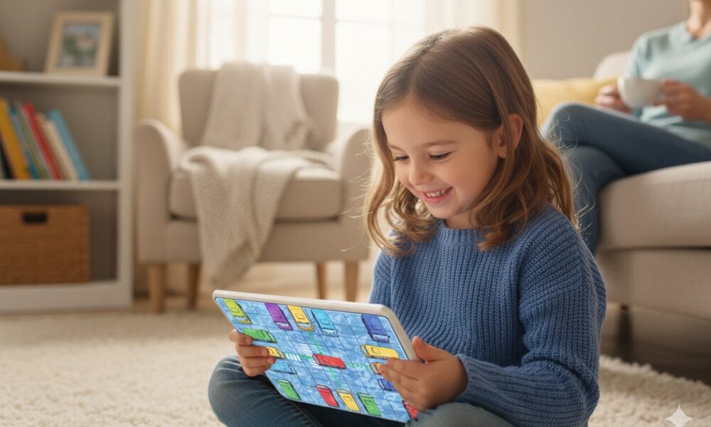 enfant jouant à un jeu de réflexion coloré comme Bus Jam Escape