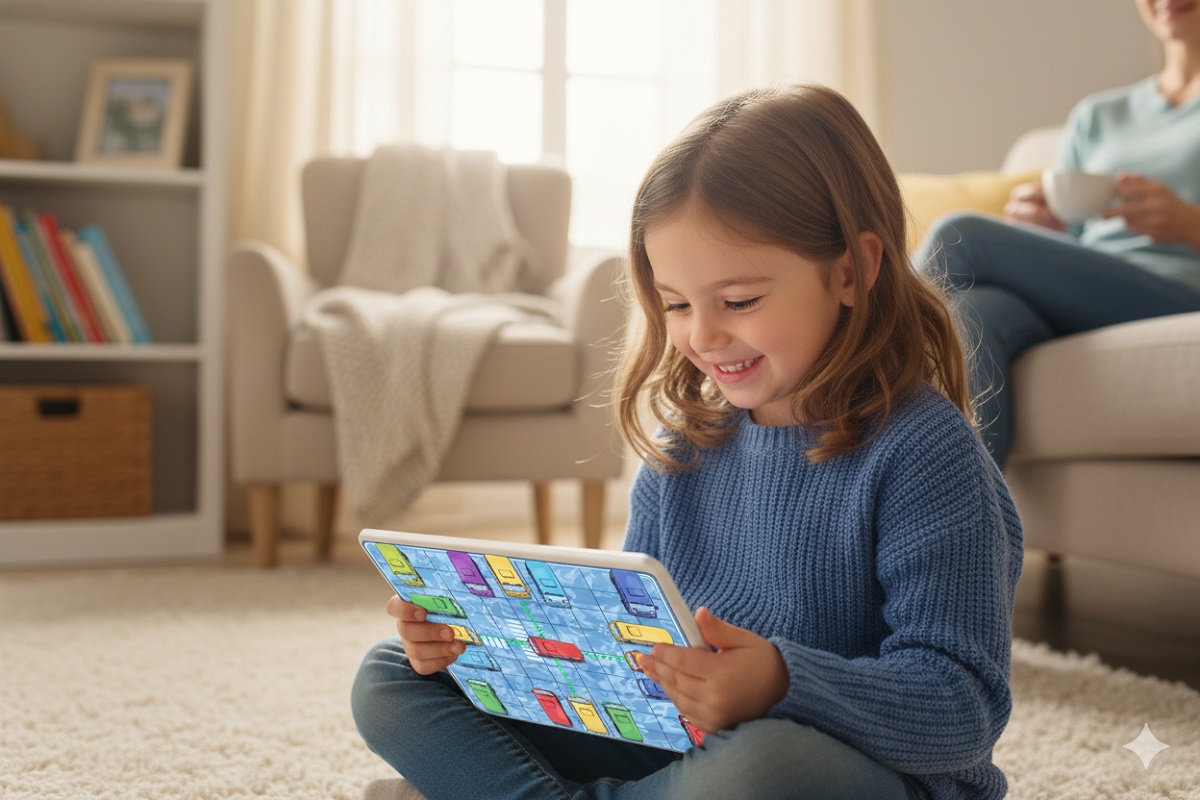 enfant jouant à un jeu de réflexion coloré comme Bus Jam Escape