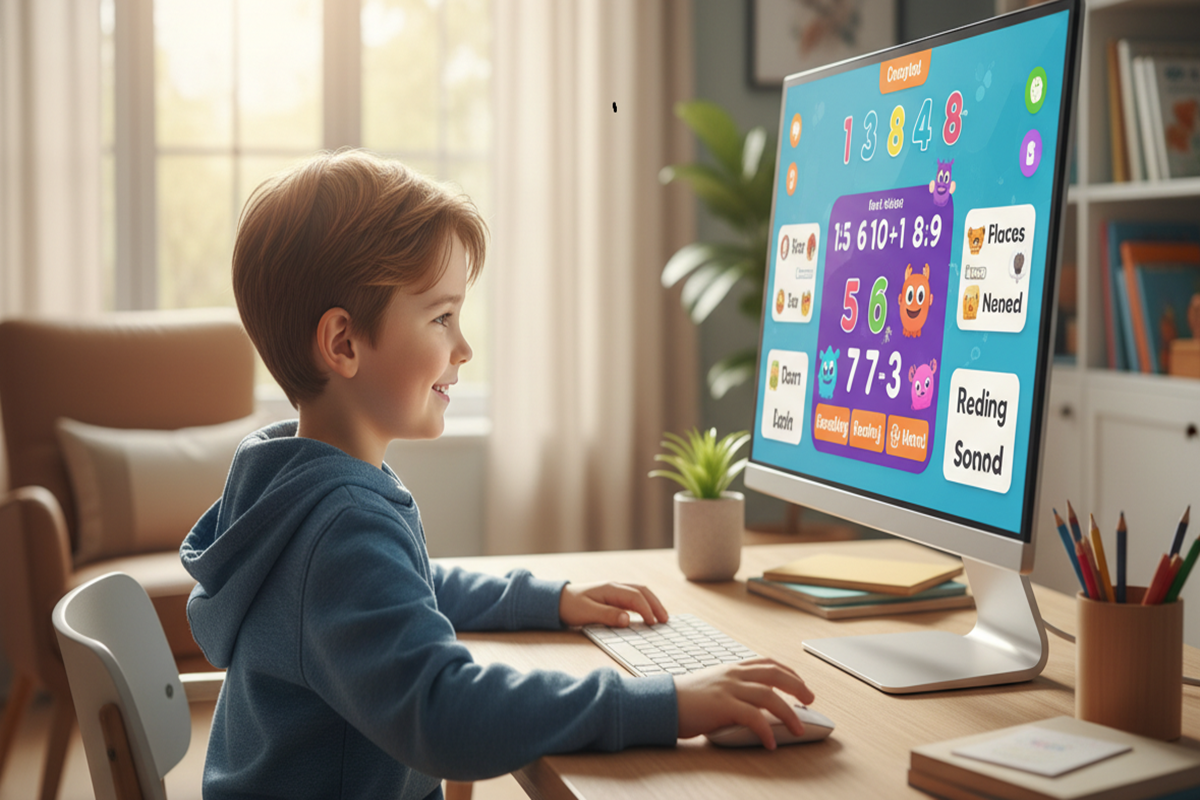 Un enfant qui joue à des jeux PC éducatifs