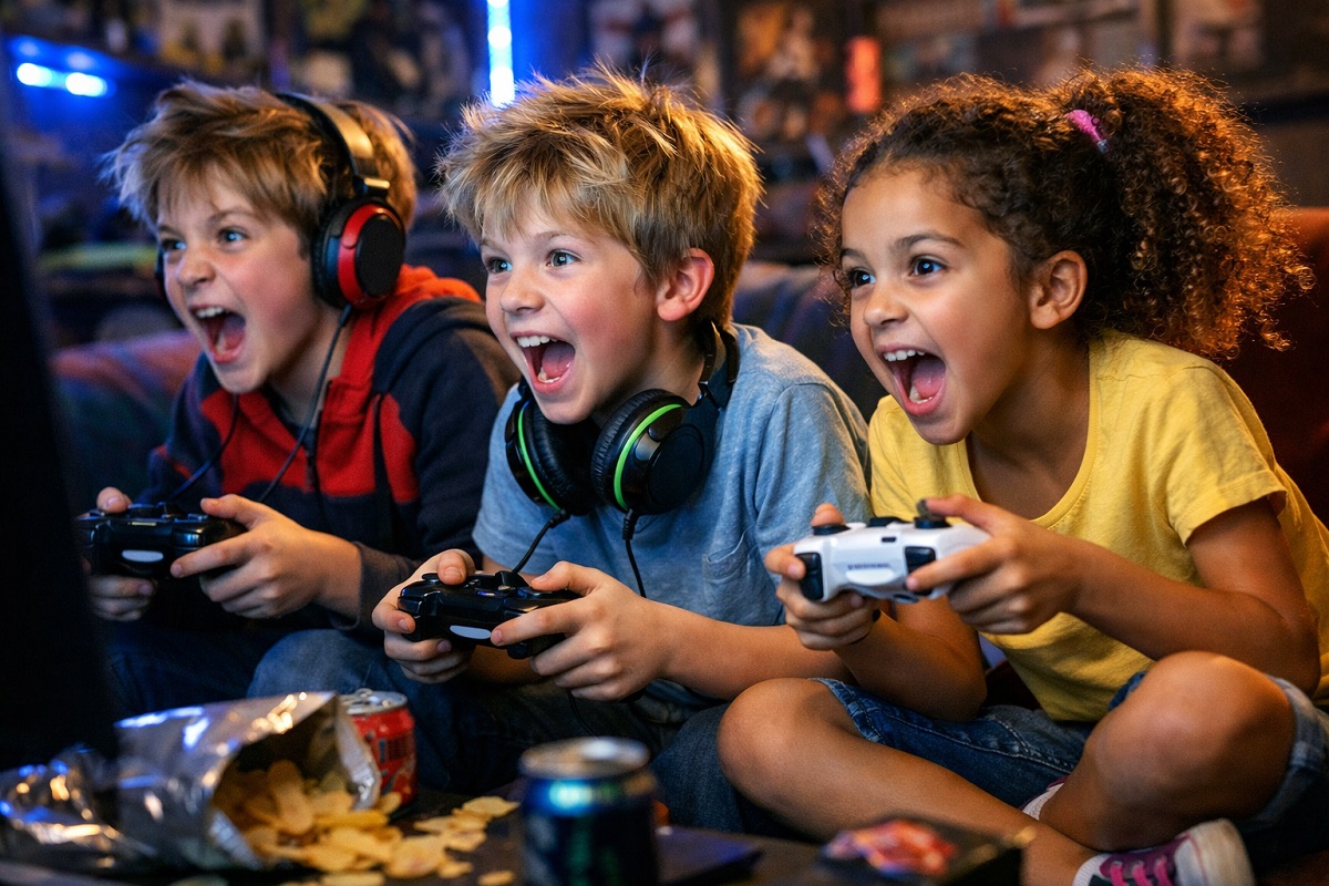 enfants TDAH en pleine partie de jeux vidéo 