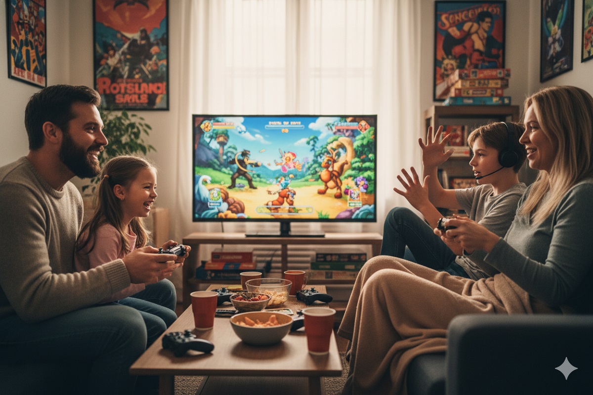 famille jouant à des jeux d’action