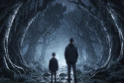 Des silhouettes à l'orée d'une forêt magique sous un ciel étoilé 