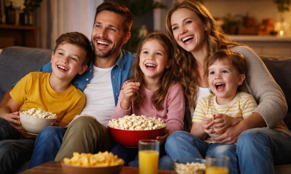 Une famille qui regarde un film
