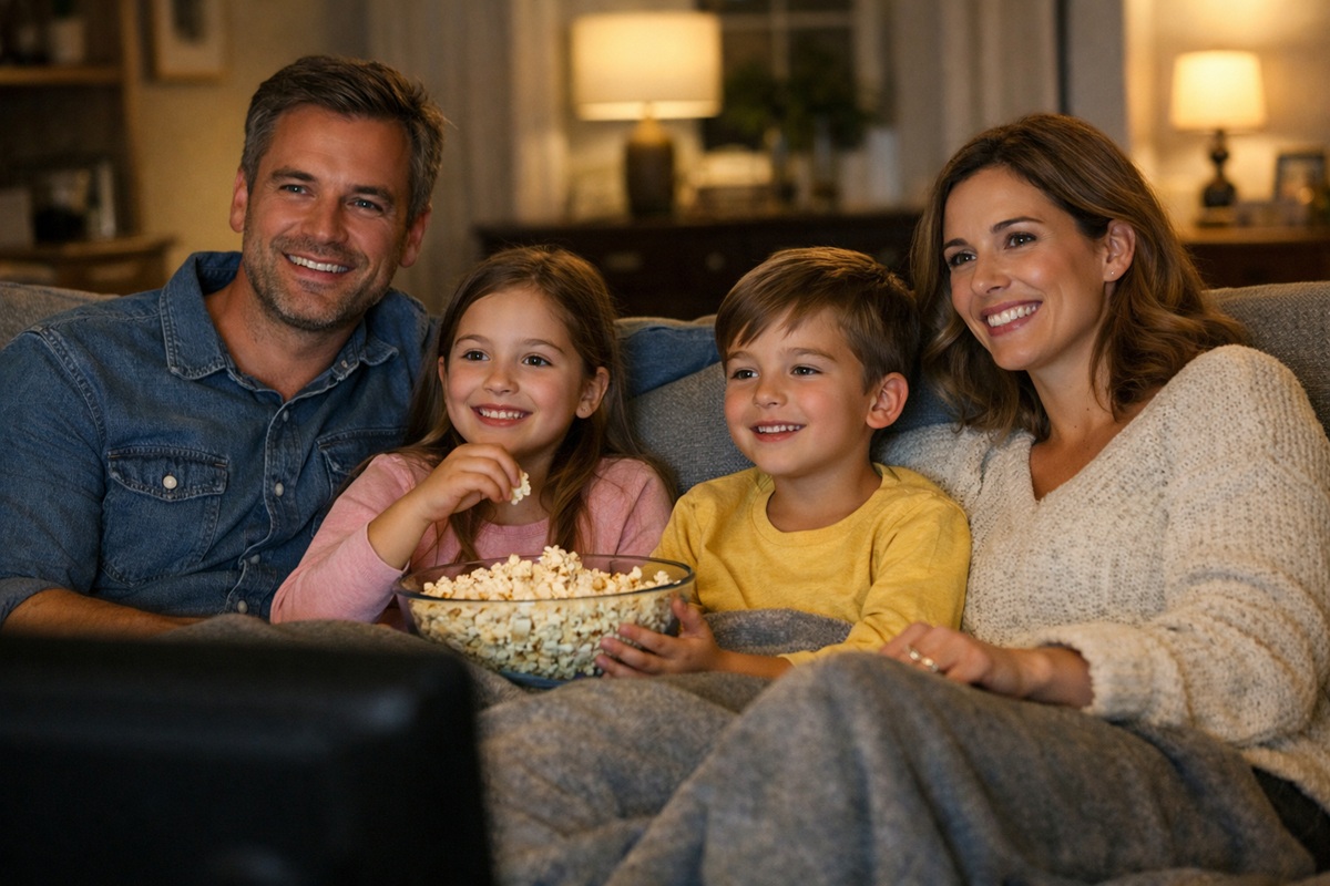 Une famille qui regarde un film