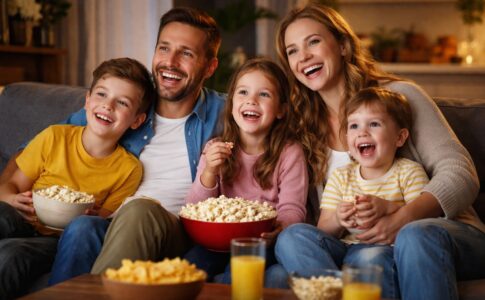 Une famille qui regarde un film