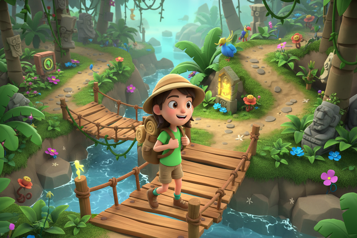 Gameplay d’un jeu d’exploration comme Dora : Sauvetage en forêt tropicale