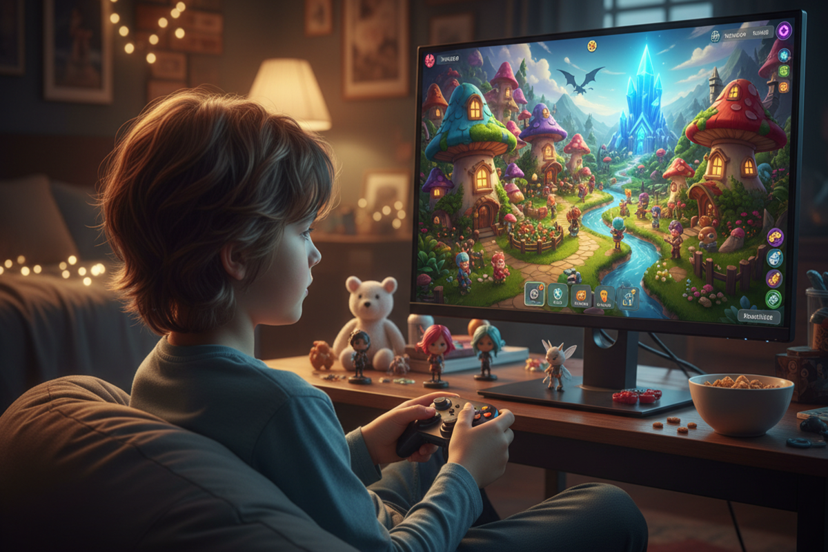 Un enfant qui joue à un jeu PC similaire à My Time at Portia