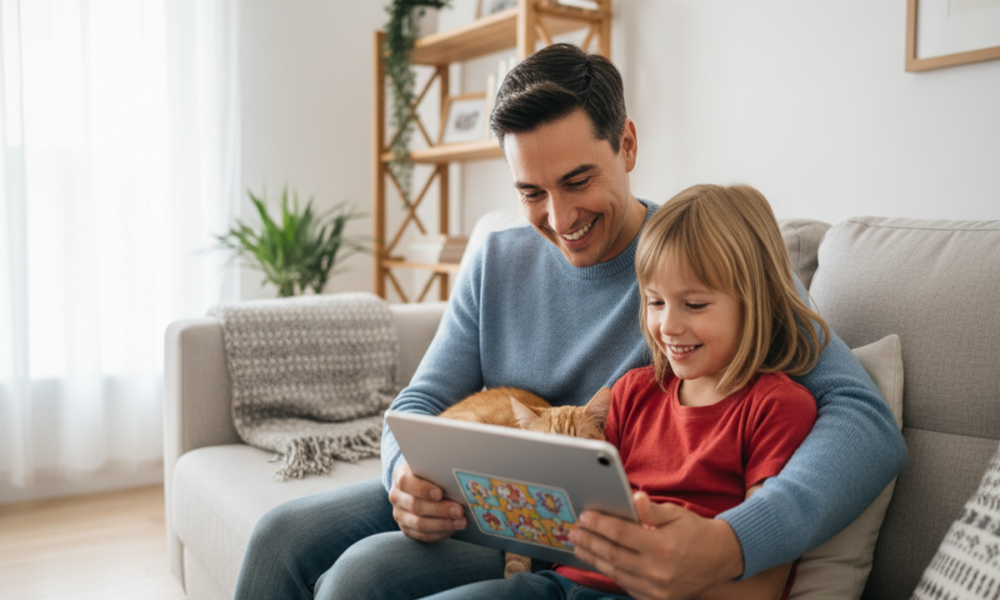 Parent et enfant qui jouent sur tablette