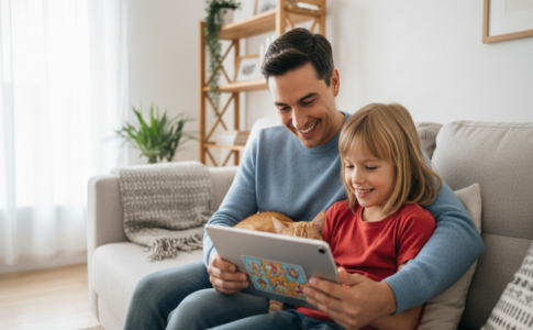 Parent et enfant qui jouent sur tablette