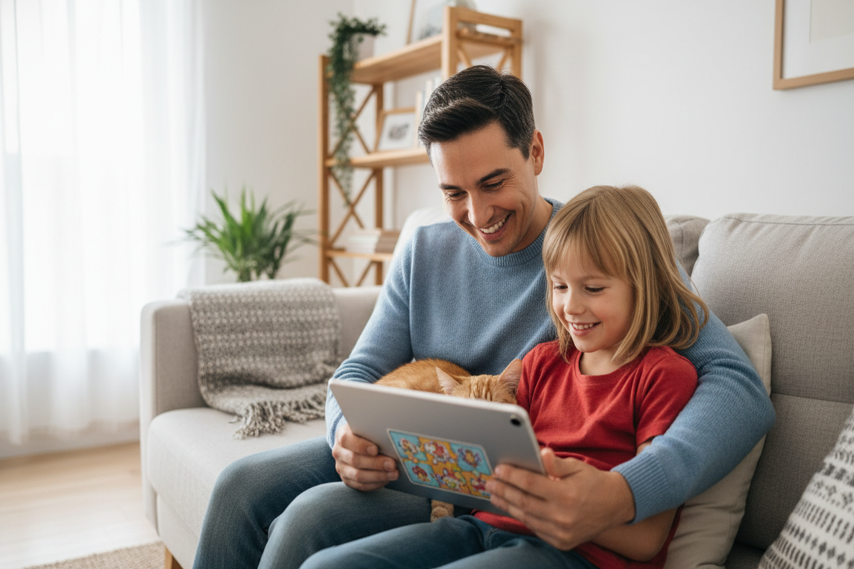 Parent et enfant qui jouent sur tablette