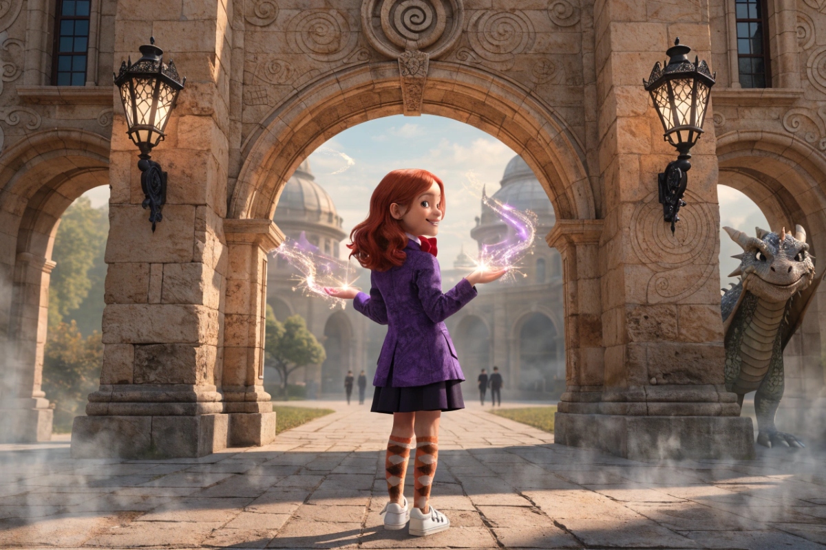 Une jeune magicienne souriante entourée d'éclairs colorés