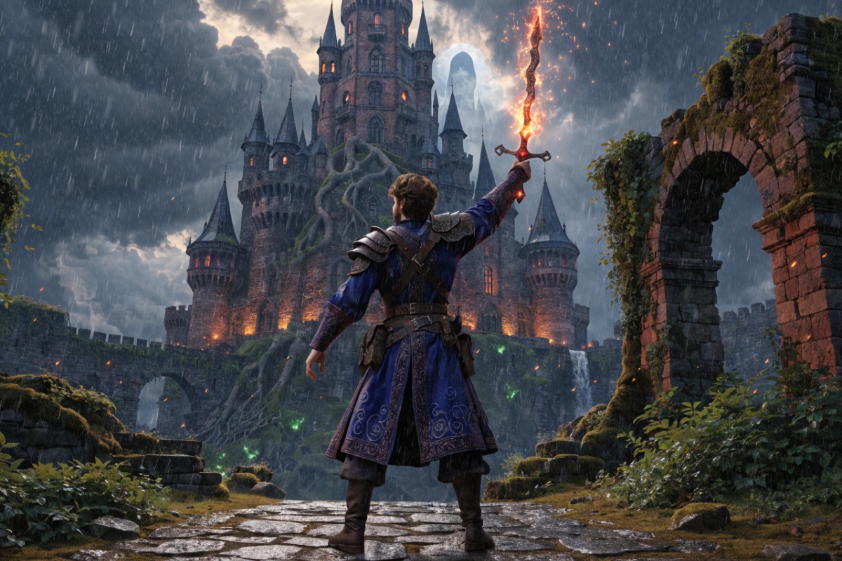 Un chevalier et son épée dans un royaume fantastique