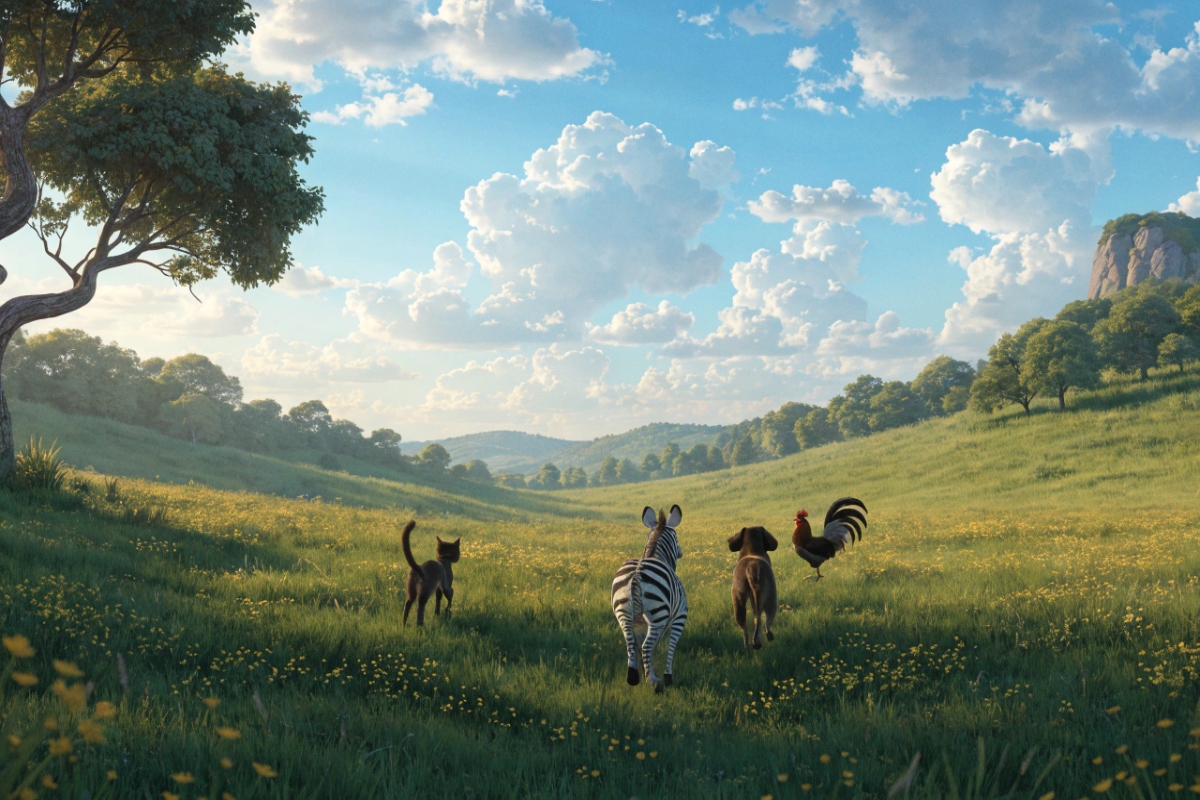 Quatre animaux dans une campagne colorée