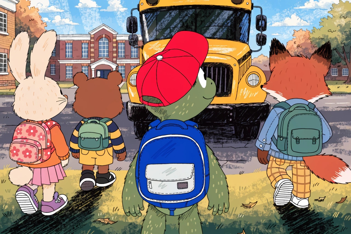 Franklin la tortue avec sac à dos devant bus scolaire