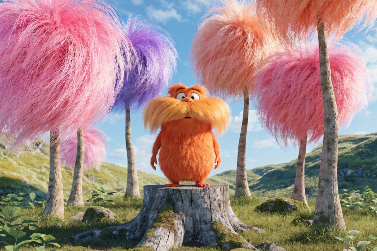 Une créature similaire au Lorax au milieu d’arbres colorés  